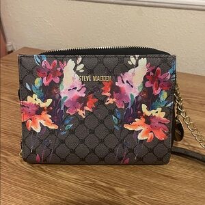 Steve Madden Black Floral Clutch with Gold Chain